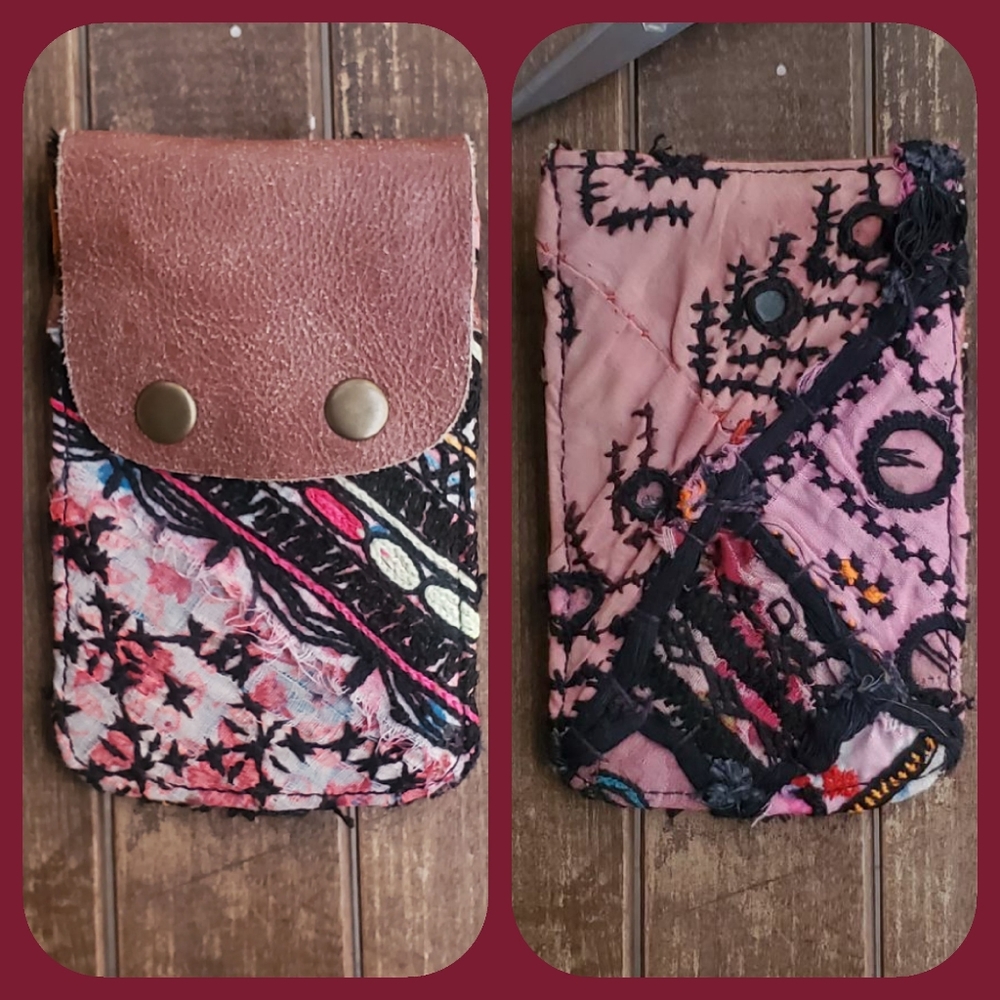 🧠🍳 Free People Boho Embroidered Repurposed vtg banjara hippie Wallet card case